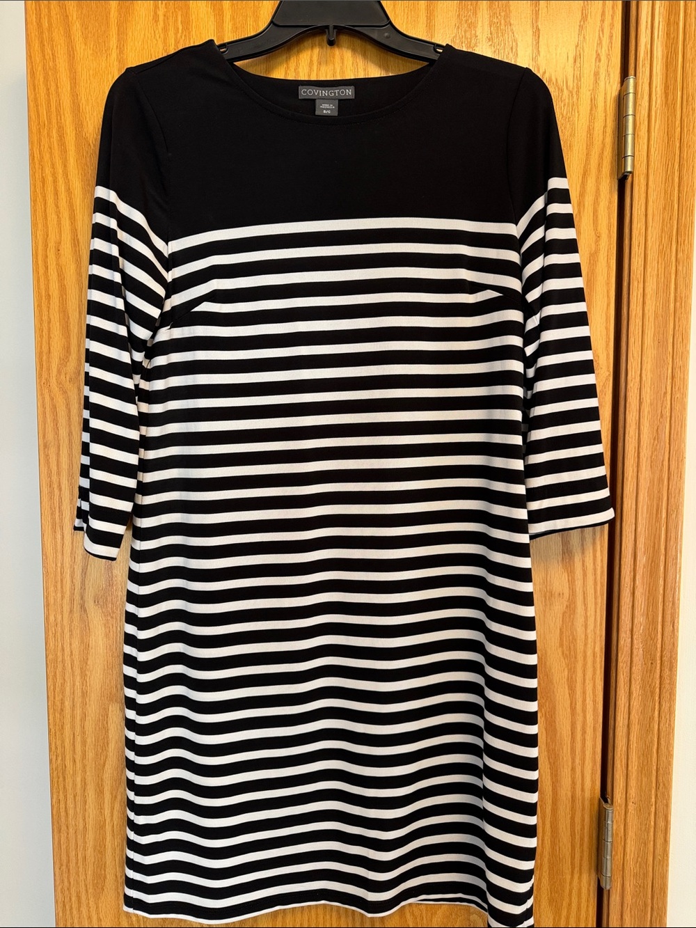 Covington Black and White Striped Shift Dress with Crew Neck